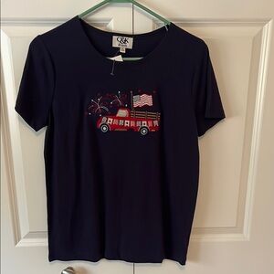 Women’s Navy Blue Patriotic  T-Shirt with Red Truck Design